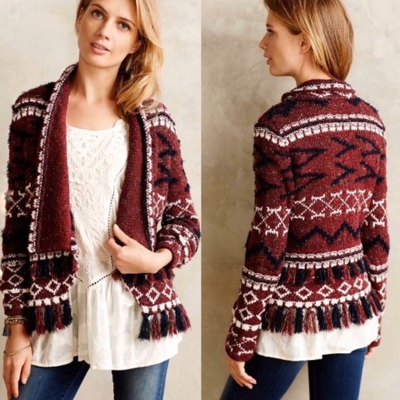 Anthropologie Moth Vera Fringe Cardigan Sweater Burgundy Size S - Picture 1 of 11